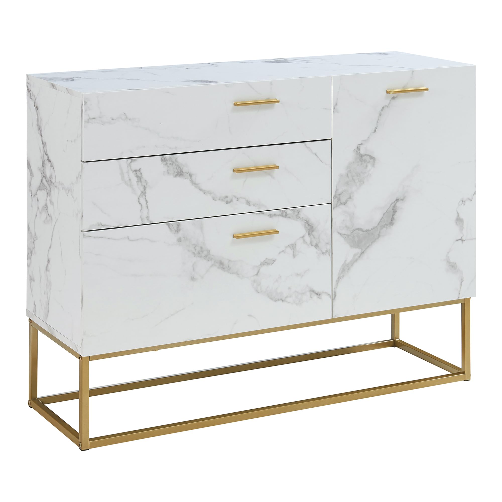 [en.casa] Comò con Anta e 3 Cassetti Armadio Basso Mobile Contenitore per Soggiorno Ingresso con Telaio in Metallo 75 x 100 x 35 cm Dorato/Effetto Marmo Bianco