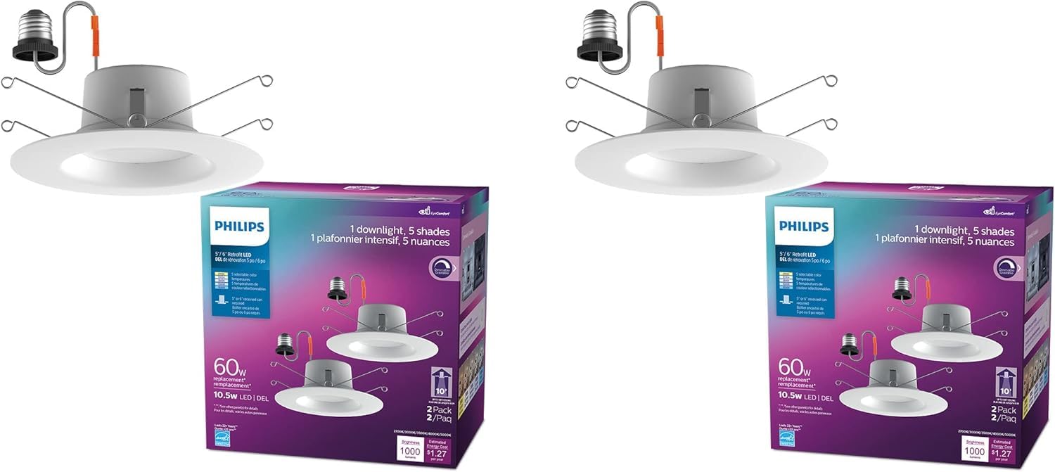 Philips LED60W 5/6-inch Retrofit Downlight 4-Pack Selectable White 5-CCT 1000 Lumen (11.5W = 60W) Dimmable Flicker-Free Housing Required