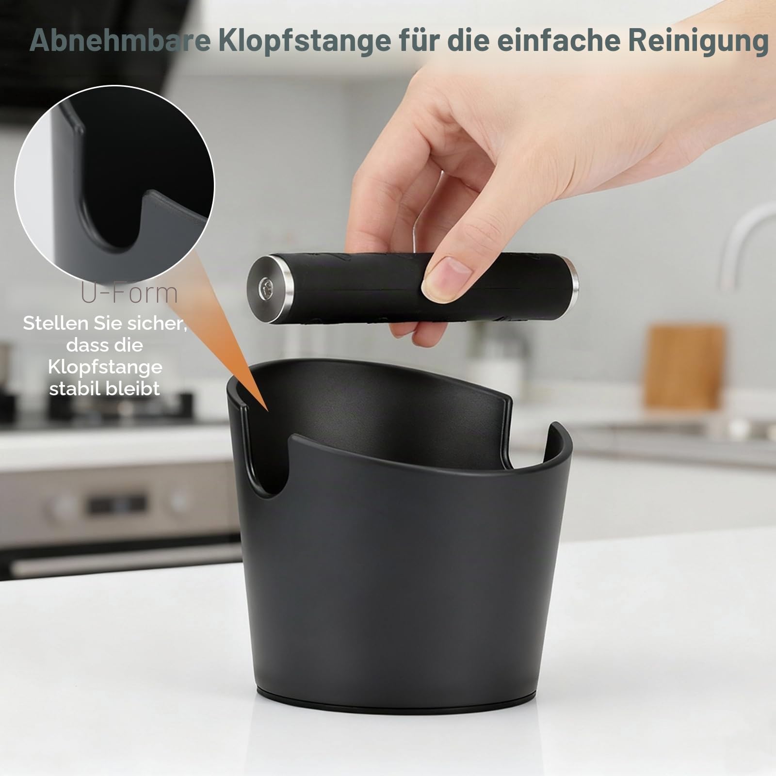 Abklopfbehälter für Siebträger Klein Espresso Kaffee Knock Box mit Kaffeepinsel, Schwarz Kaffeesatz-Klopfbox mit abnehmbarem Klopfstab, Abklopfbehälter mit rutschfester Unterseite