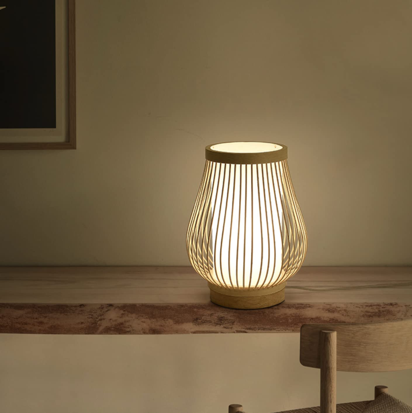 Lámparas de Escritorio, Lámpara de Mesa de Bambú Rústica, Bambú Natural, Fuente de Luz Led E27, 20 cm de Diámetro, Decoración para Sala de Estar.