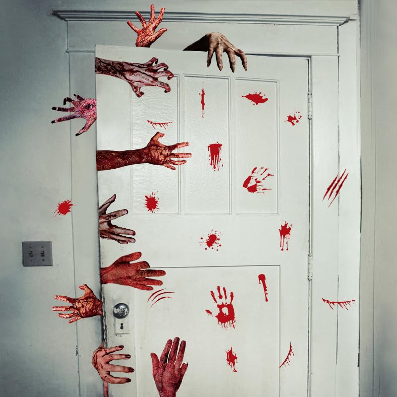 OUFEI 4 Pcs Halloween Wall Stickers Terrifying Bloody Hand Decals Floral Wallpaper Peel and Stick Fantasy Flower Butterfly Wall Decals for Halloween Window Bedroom Living Room Wall Decoration