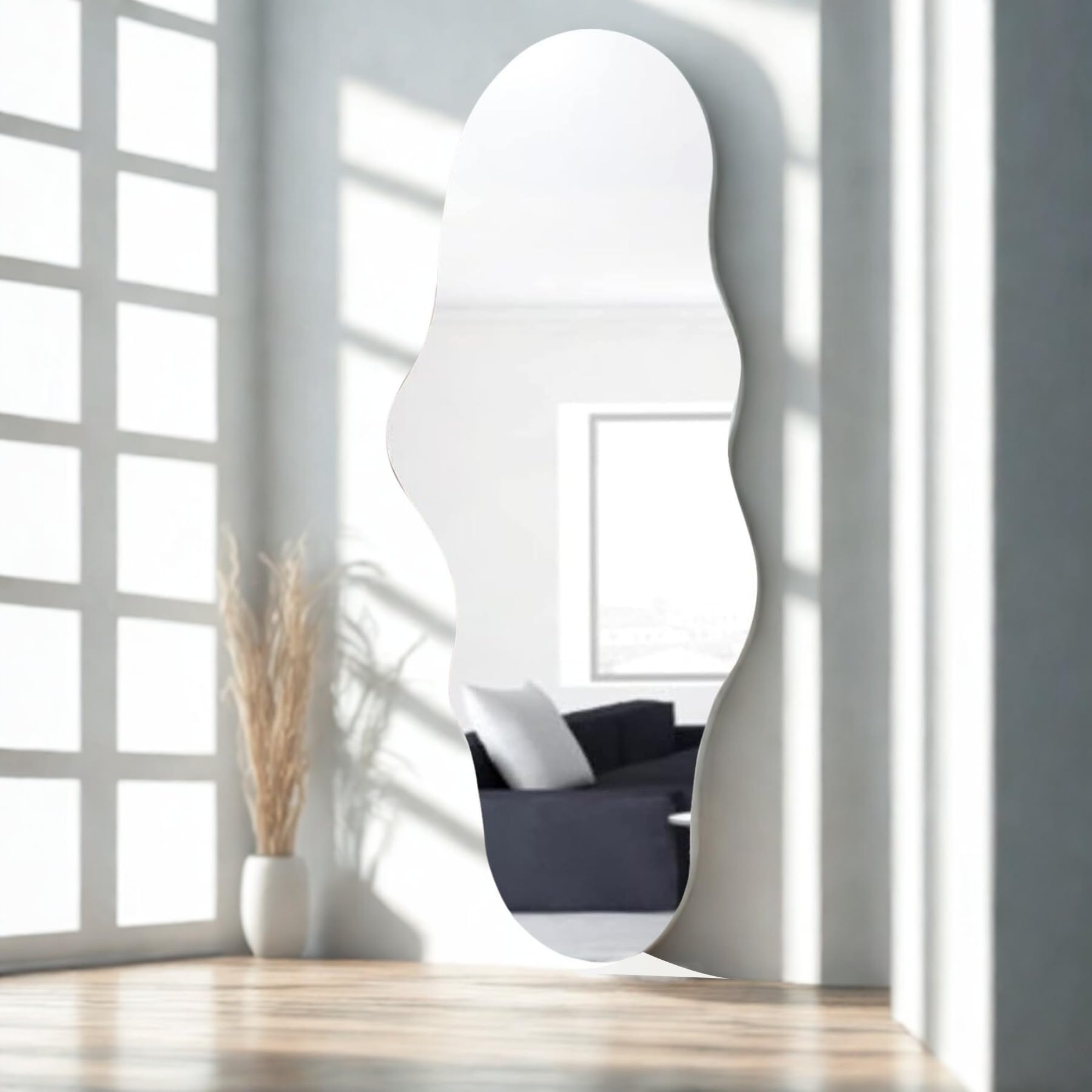 Unique 47X23 Inch Full Length Wall Mounted Mirror Tall Mirror Full Body Floor Length Mirror Dressing Body Mirror Frameless Mirror for Bedroom Bathroom Living Room, Irregular Shape Mirror, White