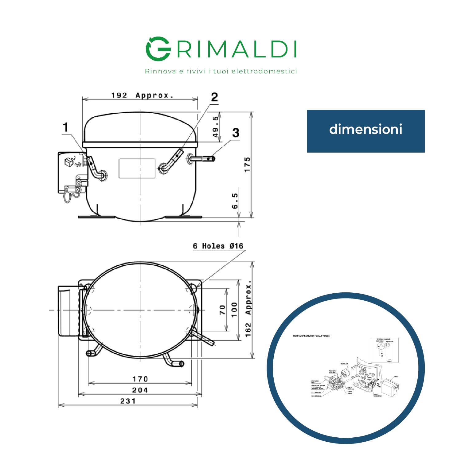G GRIMALDI Compressore GLY45AAa 1/8 HP 109W R134a 220-240V 50Hz gas R1234yf LBP statico RSIR