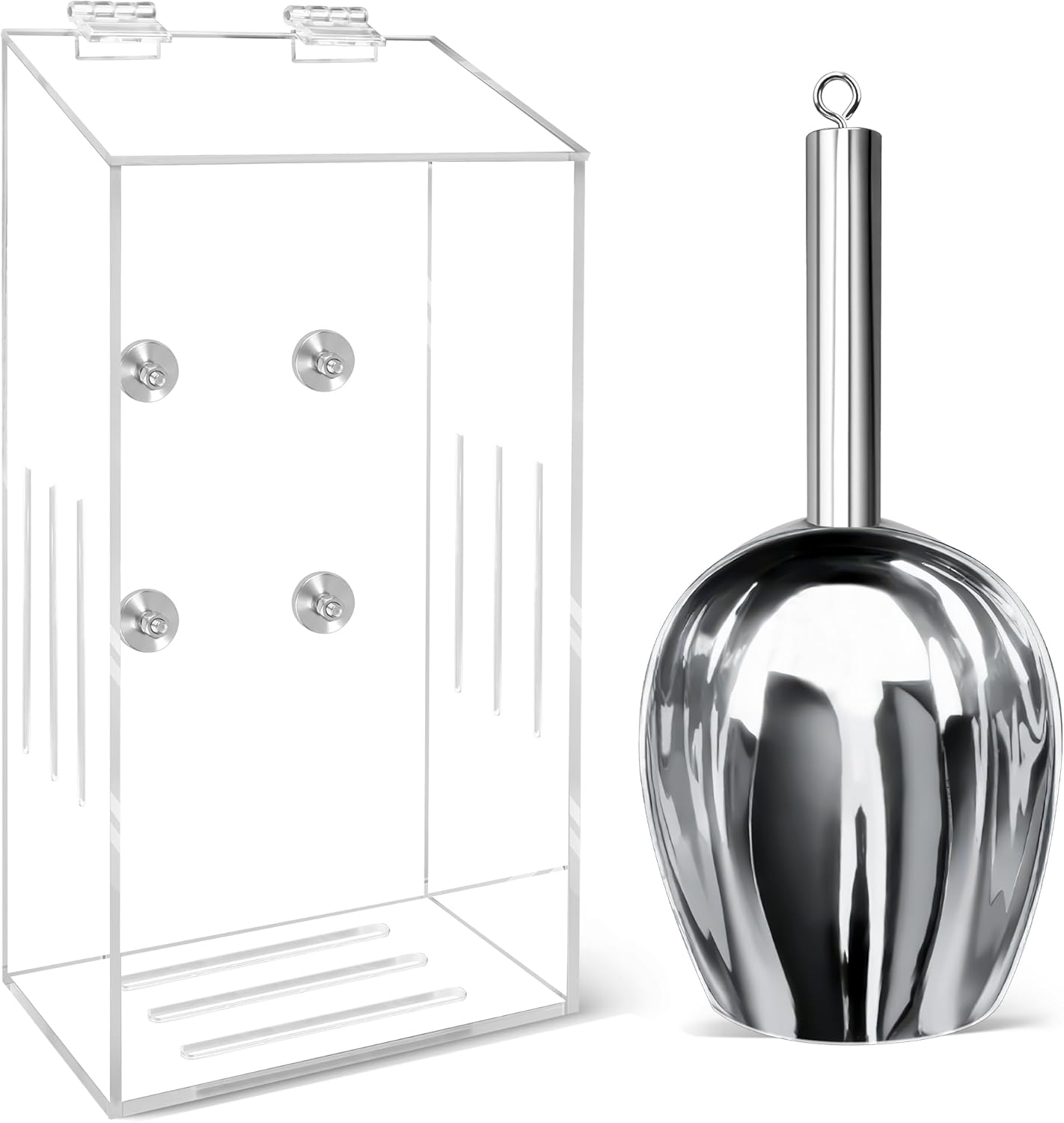 1+1P Large Magnetic Ice Scoop Holder with Metal Scoop, Windspeed 10.8x5.1x2.9 inch Acrylic Ice Scoop Holder for Freezer Machine, Refrigerator, with Air Circulation Hole, No Water Accumulation Design