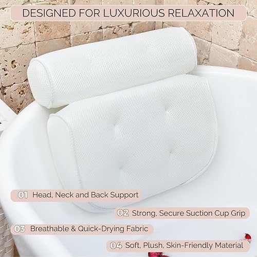 Miniatura 4 de Almohada de bañera para cuello y hombro accesorios de baño de spa para bañera con 6 ventosas Cojín de lujo para reposacabezas para bañera Regalos de