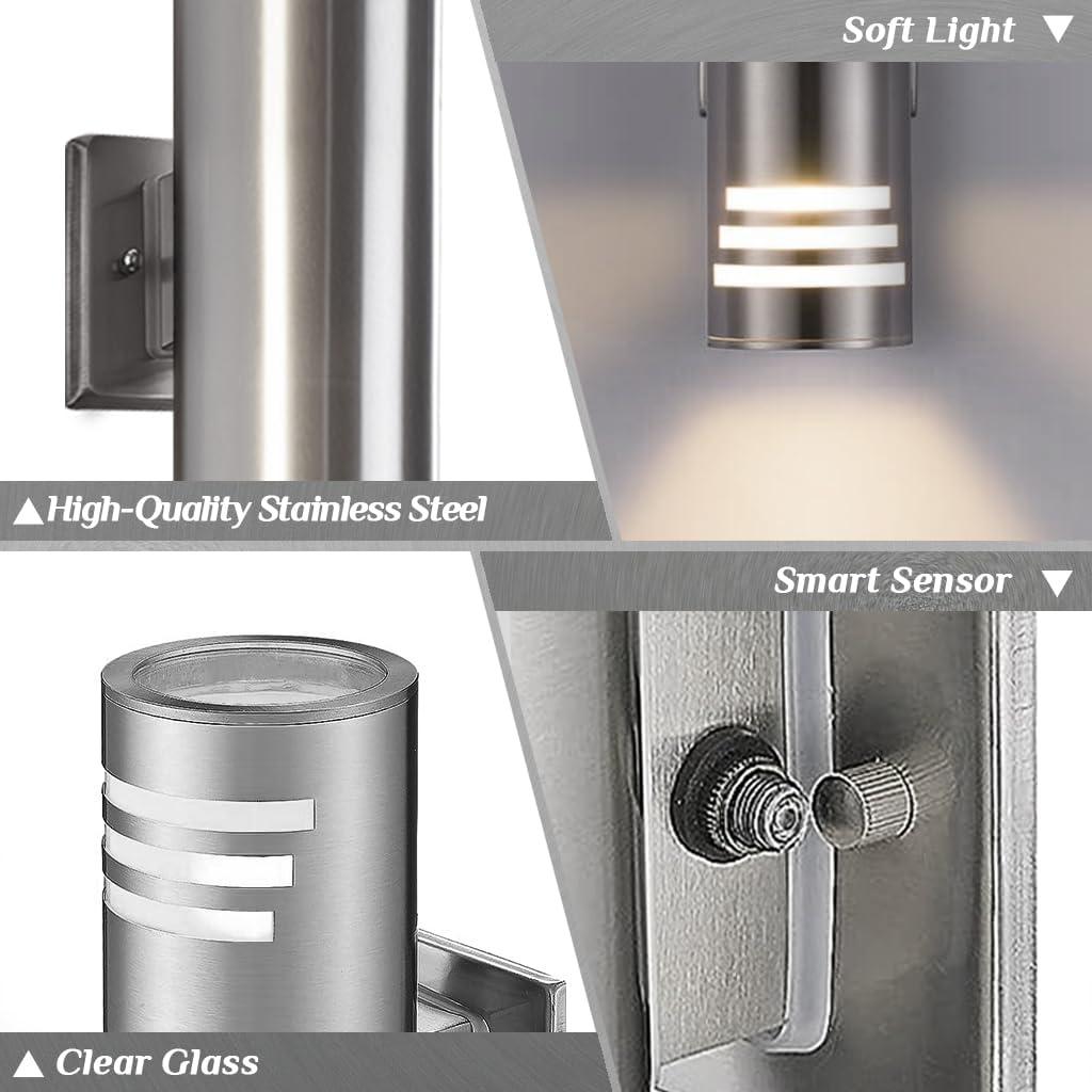 SHIMR Dusk to Dawn Outdoor Wall Light, Exterior Light Fixture Stainless Steel, Outdoor Sconce Lights Cylinder, Waterproof Up and Down Light Wall Mount Electroplated Silverl Finsh, LED Bulbs Include