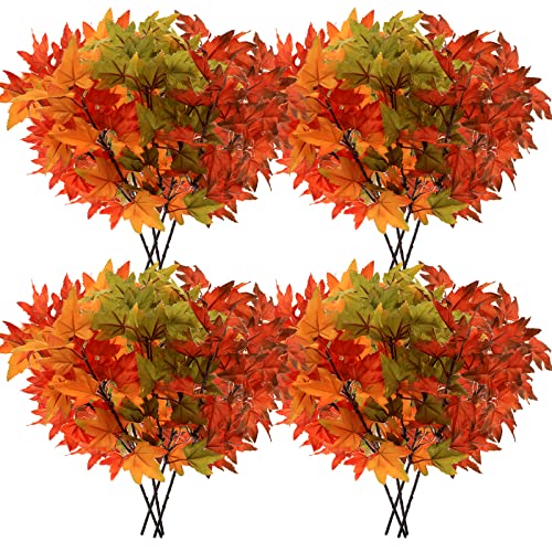 SATINIOR 16 Pcs Fall Leaves Stems Thanksgiving Artificial Maple Fall Branches Autumn Fake Leaves Stems Faux Branches Maple Shrubs for Home Table Vase Fall Party Decorations
