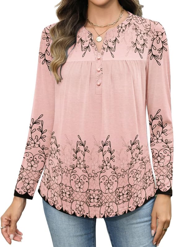 Long Sleeve Shirts for Women Henley V Neck Tops Fashion Pleated Dressy Blouses Fall Trendy Tunic 2025