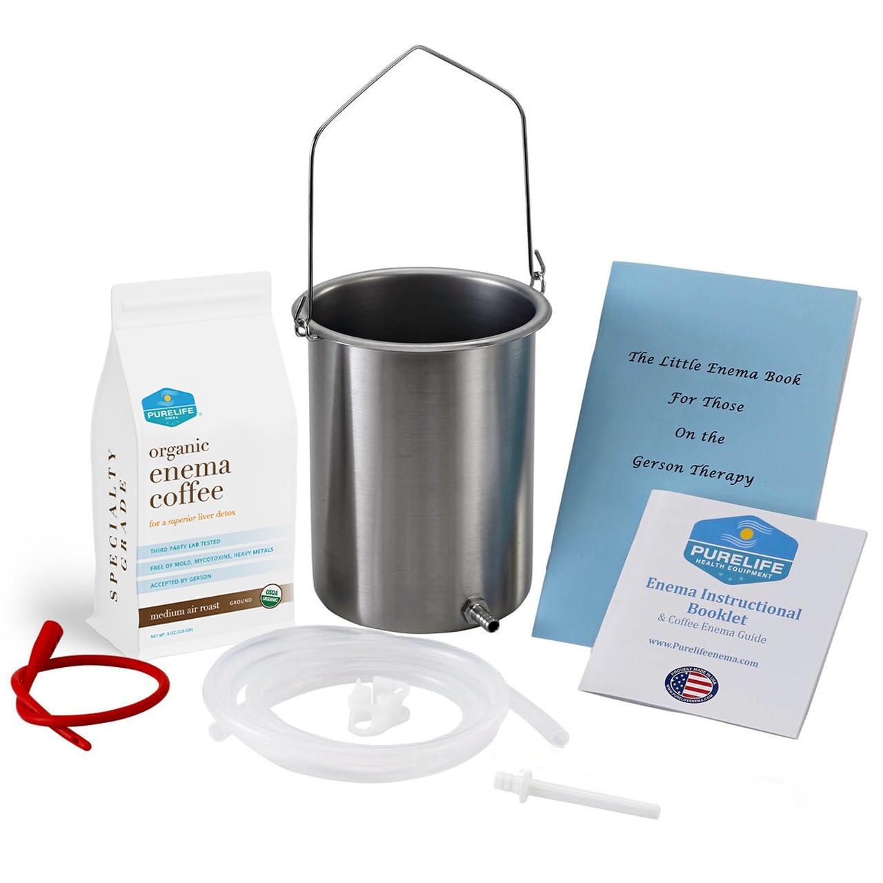 PureLife Coffee Enema Kit / Made in USA/ 304 Food Grade Stainless Steel Enema Bucket/ Medical Grade Silicone Tubing/ 1/2 Lb Organic Air Roasted Coffee/ Doctors #1 Choice
