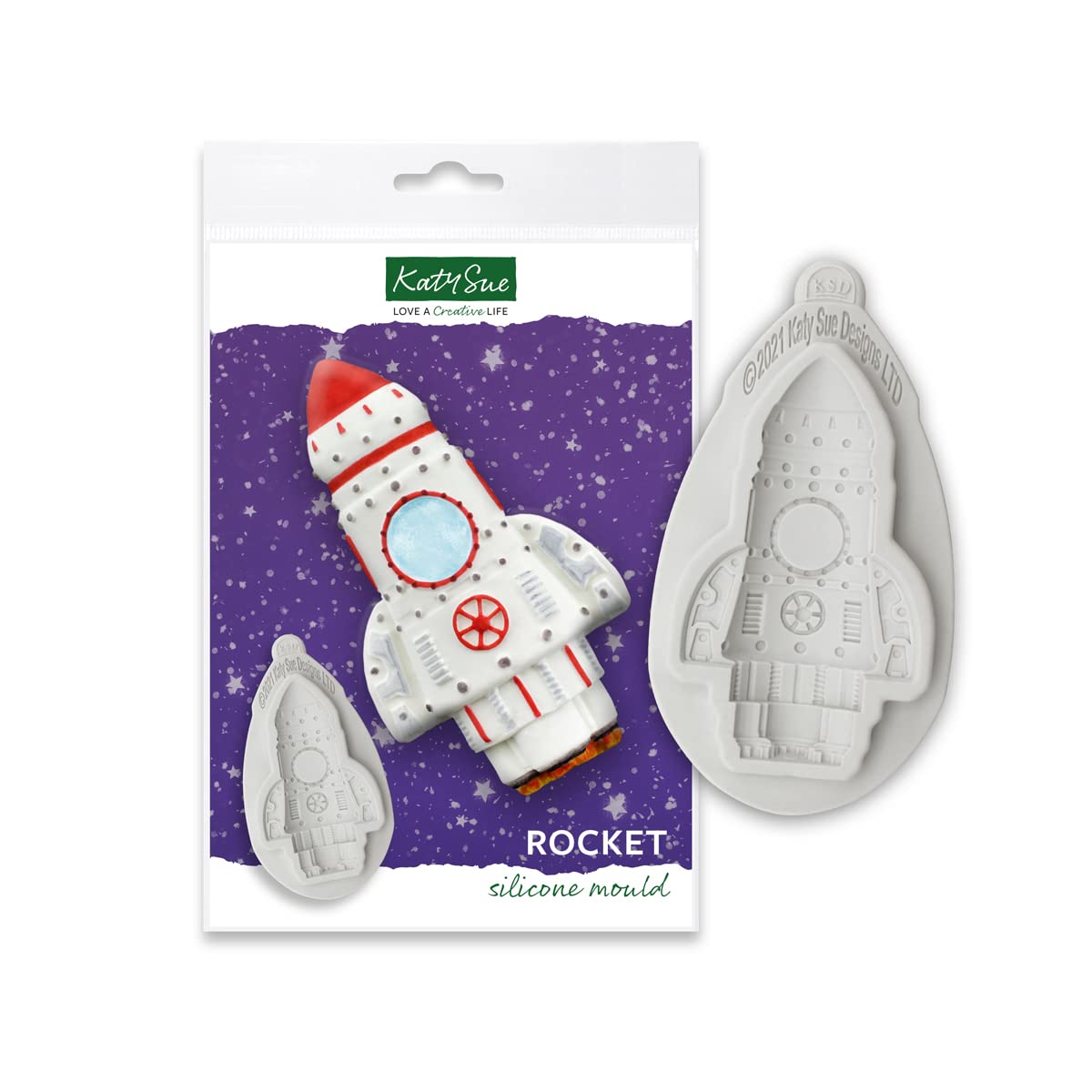 Katy Sue Space Rocket Silicone Mold for Cake Decorating & Crafts. Rocket is 3.9 x 2.4 x 0.7 Inches. For Fondant, Gum Paste, Sugar Paste, & Clay. From Katy Sue Designs Space Fondant Molds