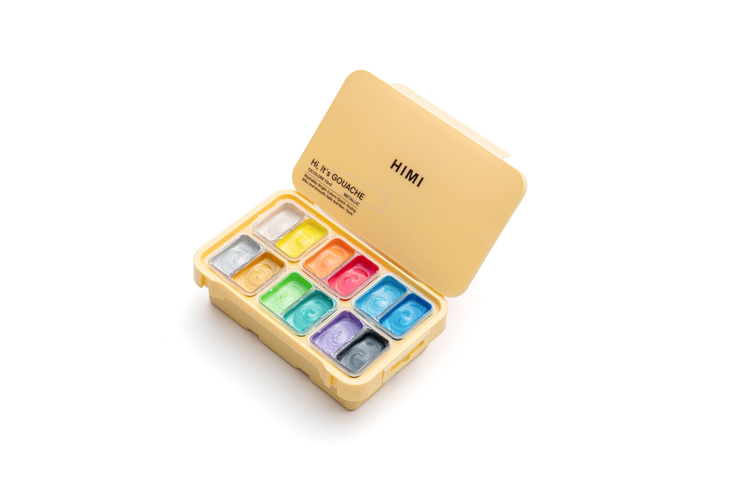 HIMI Twin Cup Gouache Set, 12 Colours, Yellow Case Metallic Edition, Painting, Art Set for Artists, Paint, Brush, Paints Supplies, Travel Artist Gift, Mini Art Paint Essentials