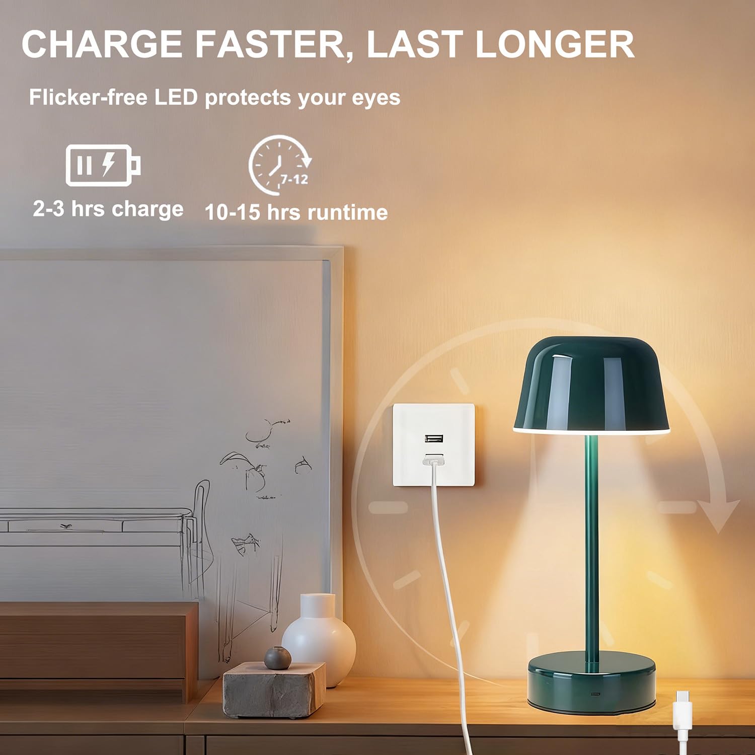 EaEa Lampe de Table LED Sans Fil, Lampe de Table Champignon Dimmable Tactile 3000K/4000K/5000K, Lampe de Chevet en Métal Rechargeable USB pour Salon, Chambre à Coucher, Hôtel,Vert