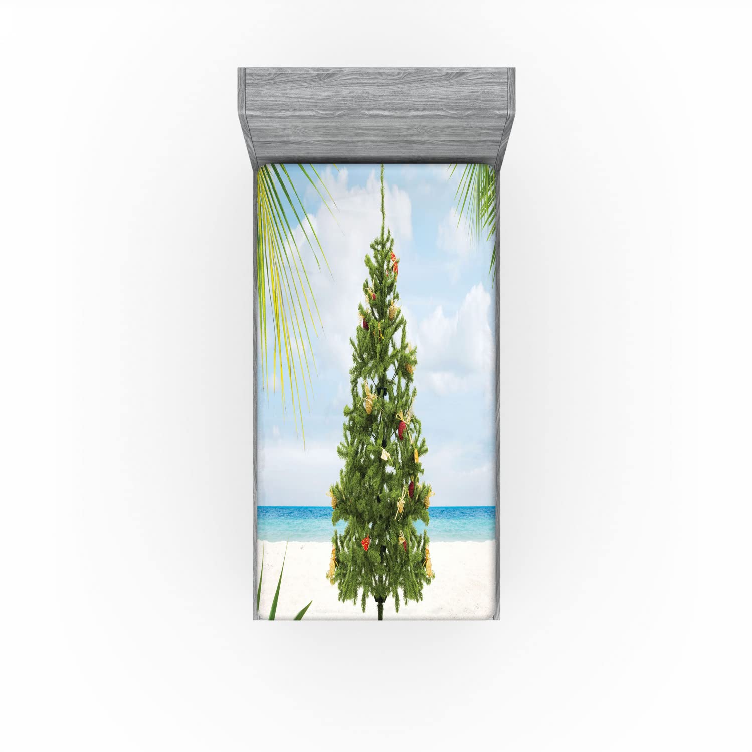 Ambesonne Christmas 2 Pack Fitted Sheet, Holiday Party Tree, Bed Cover All-Round Elastic Deep Pockets 2 Pieces, Package Contains 2 Twin Size Fitted Sheets, Cream Green