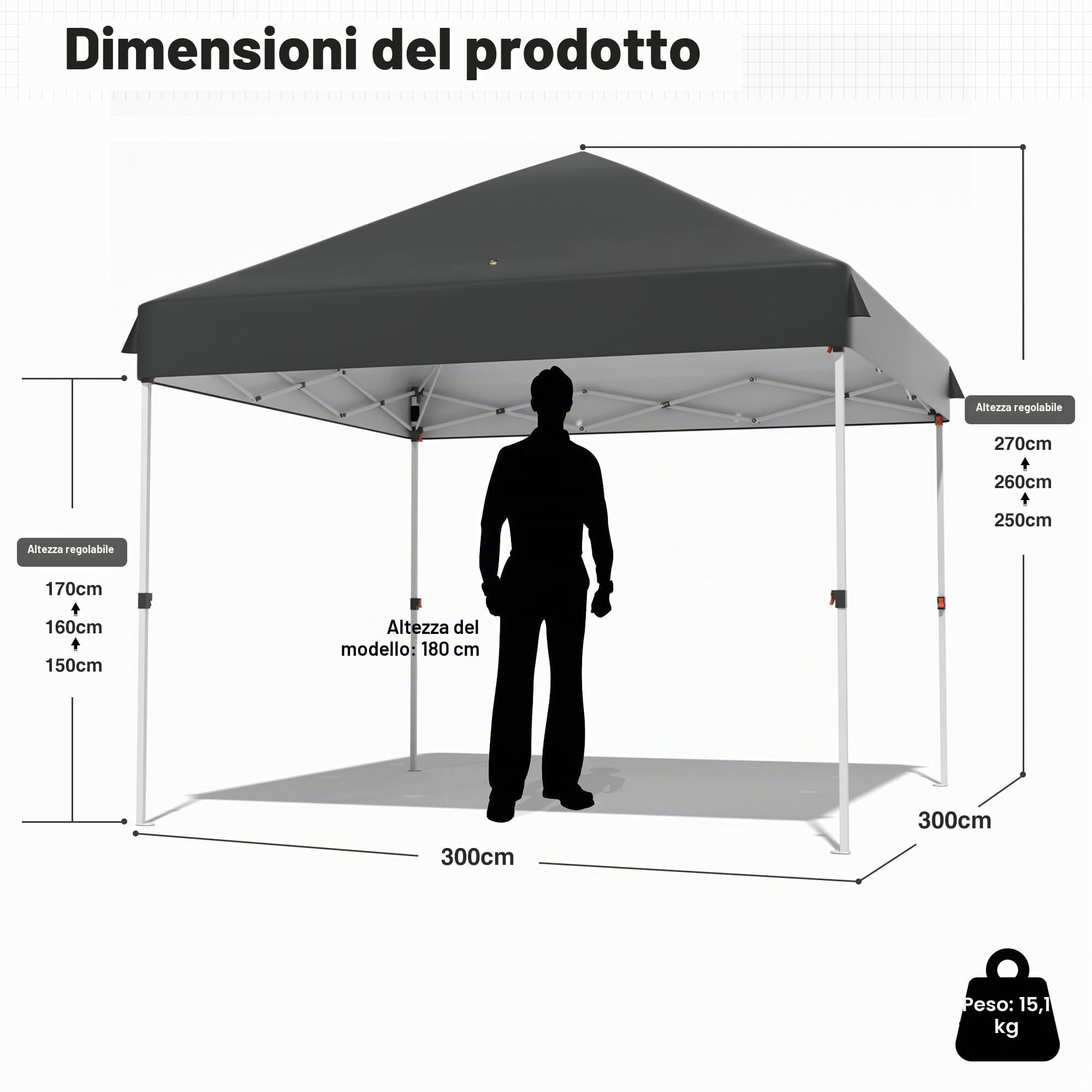 Gazebo pop-up 3x3 cm impermeabile stabile pieghevole con peso pieghevole in altezza con borsa a rotelle, tenda di ricezione, protezione UV 50+, grigio scuro