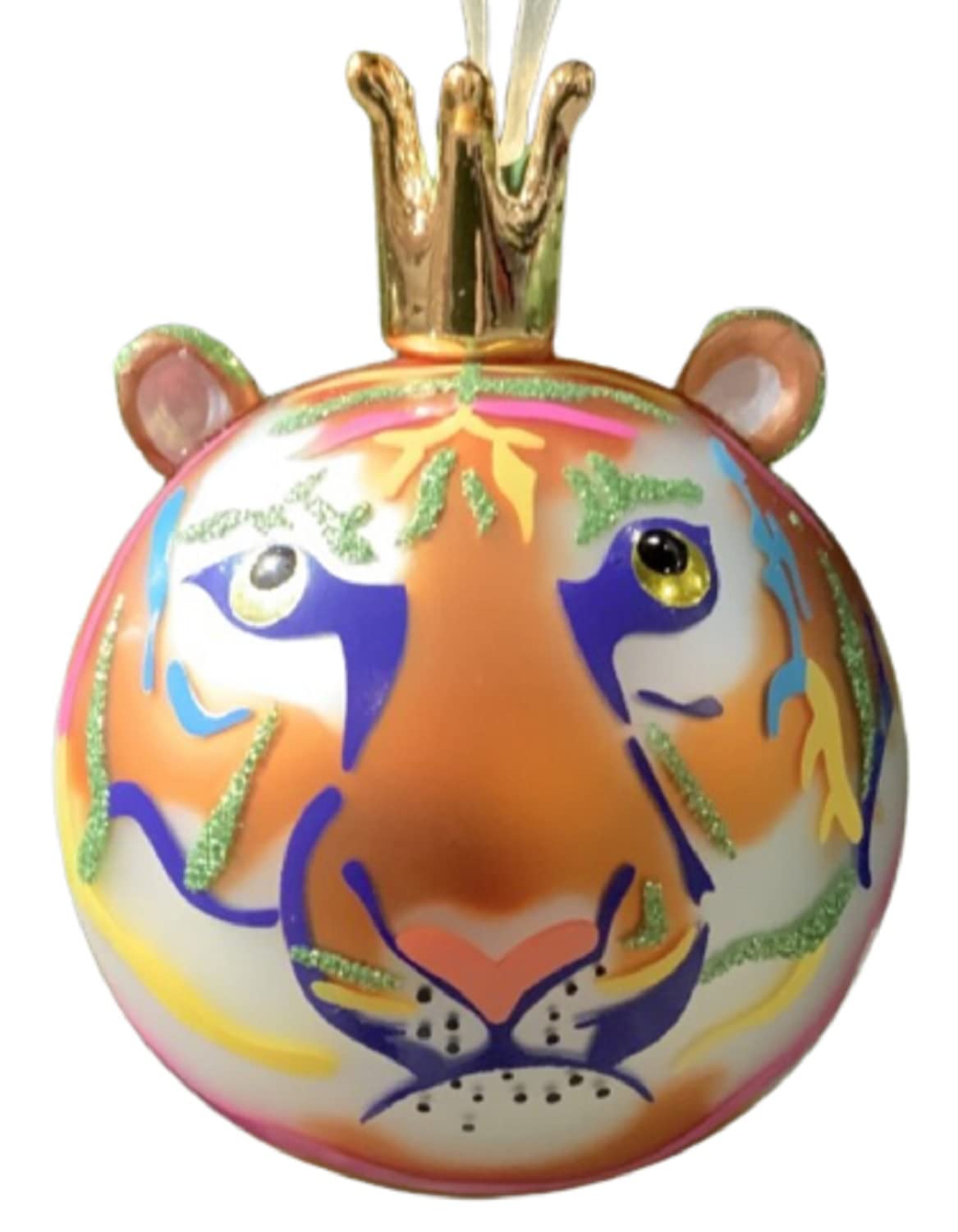 D. Stevens 48-1046 Hand-Blown Bauble Porcelain Tiger Round Hanging Ornament, Orange with Rainbow Stripes 4.5 Inches