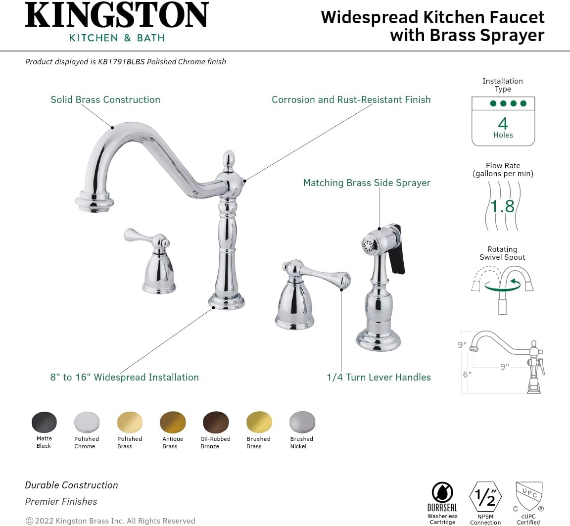 Kingston Brass KB1792BLBS Heritage Widespread Kitchen Faucet with Brass Sprayer, 8-1/4-Inch