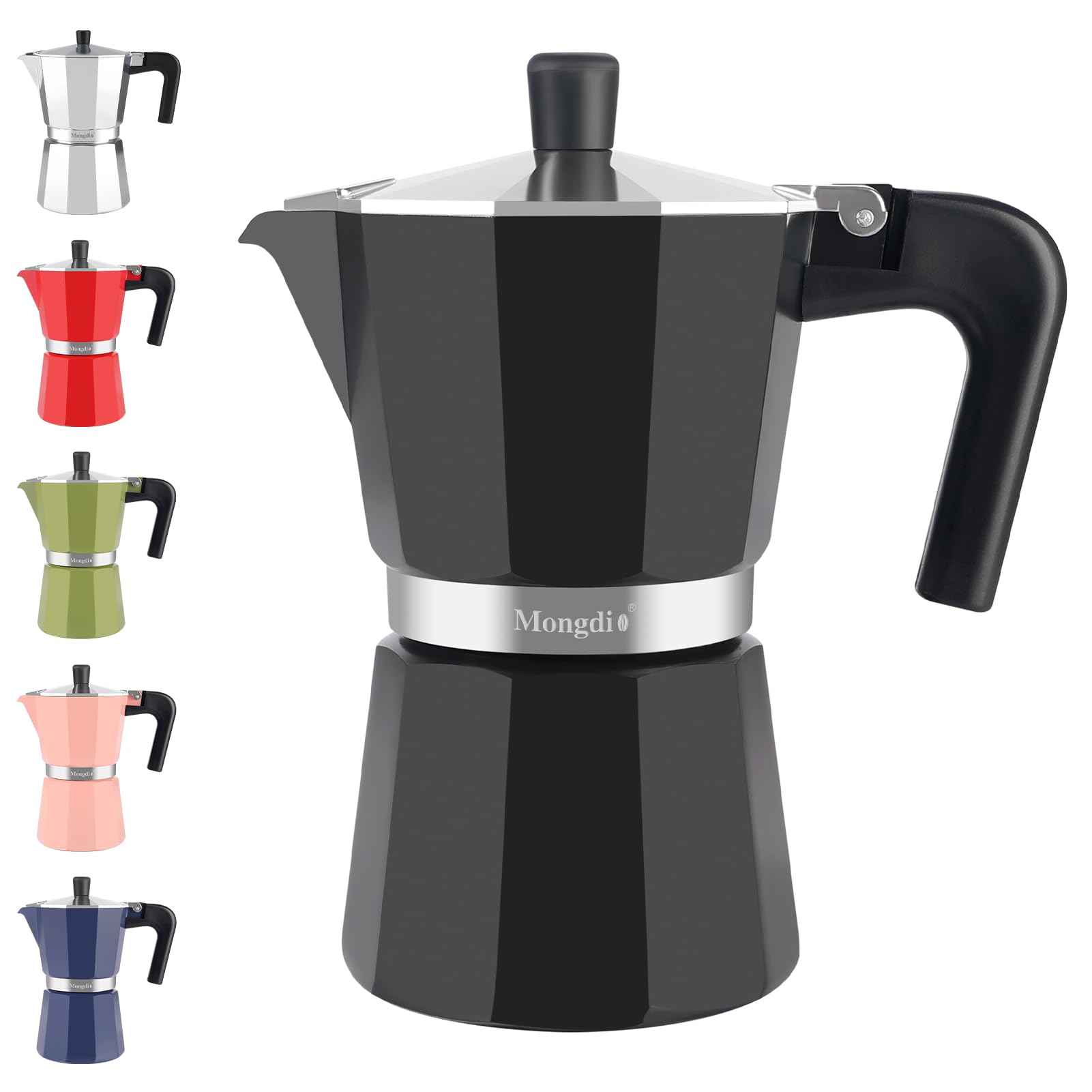 Mongdio Stovetop Espresso Maker Moka Pot, Stove Top Cuban Coffee Maker, Italian Greca Mocha Pot, 6 Espresso Cups, 10 oz - Black