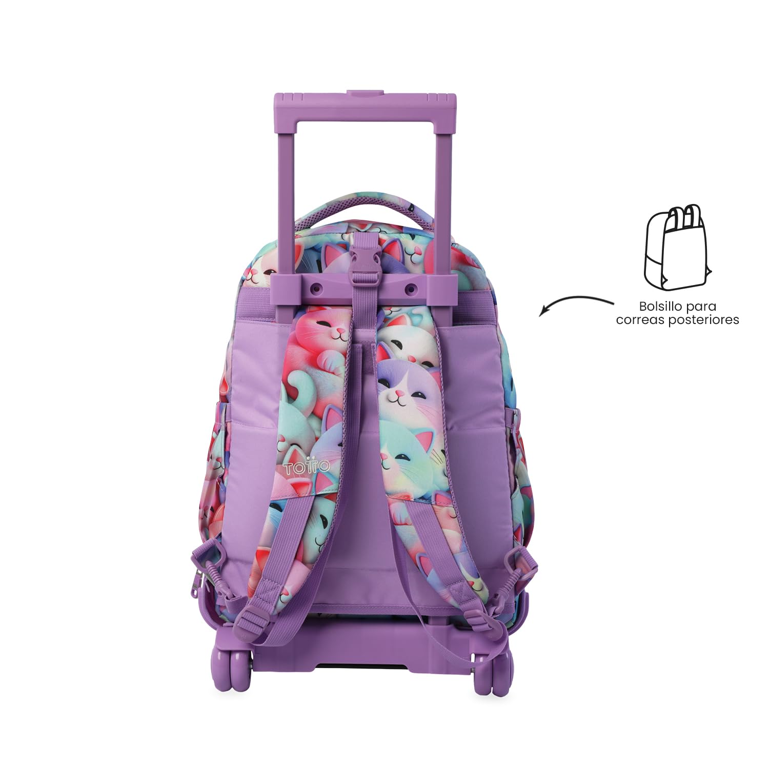 TOTTO - Mochila Escolar con Ruedas Desmontables, Modelo Tiza, Capacidad 26 L, Mochila PC 15.4", Bolsillo Botella, Manija Telescópica, Espaldar Ergonómico y Correas en S, Estampado Mewsy 3D