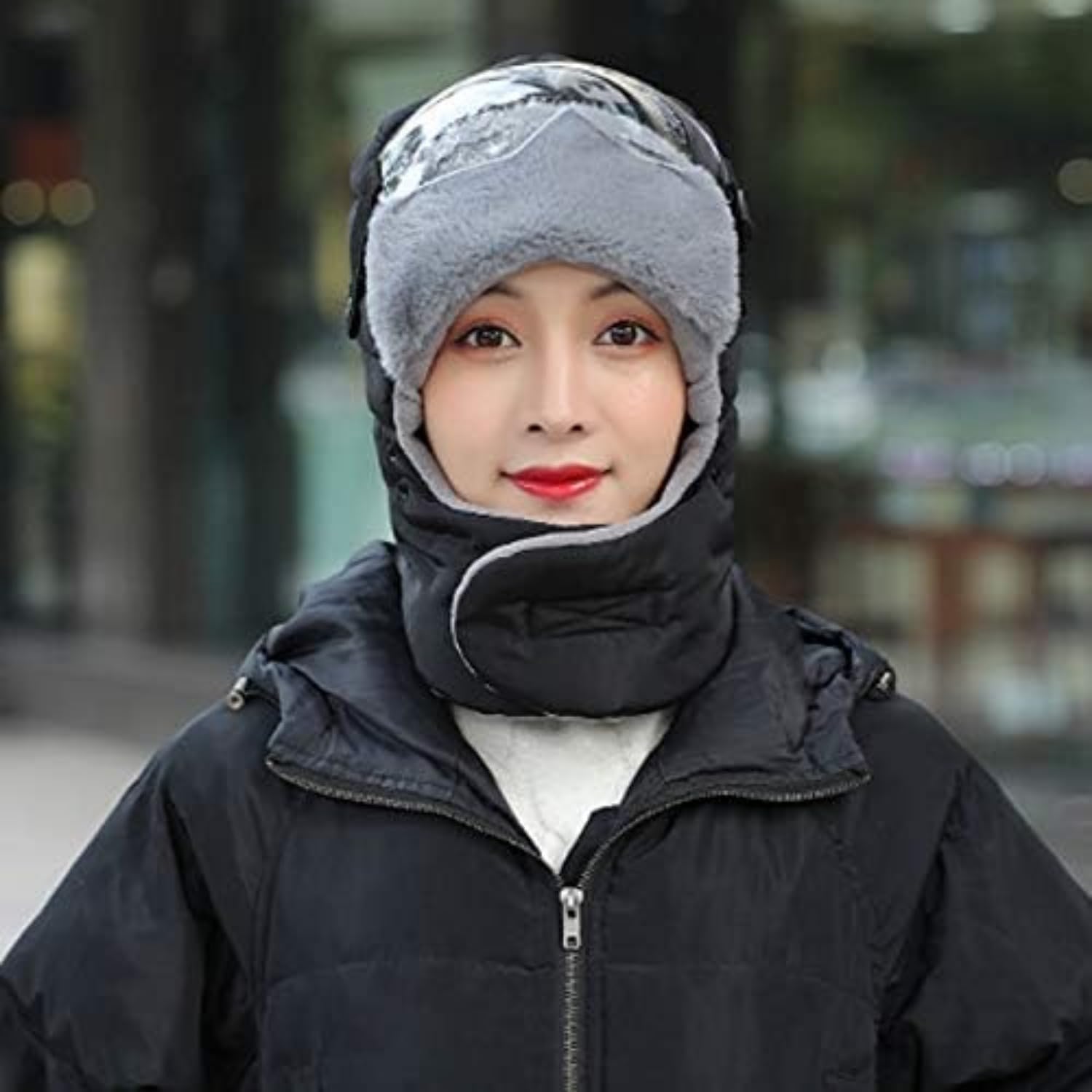 Real Rabbit Fur Trapper Hat with Face Cover,Unisex Thermal Earflap Winter Hat Windproof Hunting Ski Cap and Goggles
