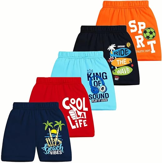 Kuchipoo Boys Cotton Printed Shorts | Elastic Waist | Summer Wear Shorts for Kids - Pack of 5