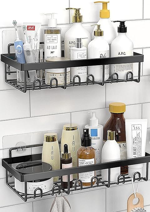 SaleOn Bathroom Shelf Set of 2 | Shampoo Holder Rack | Wall Mount Soap Holder with Hooks | Self Adhesive Caddy for Shampoo Storage | Black Bathroom Organizer Shelf-image-16