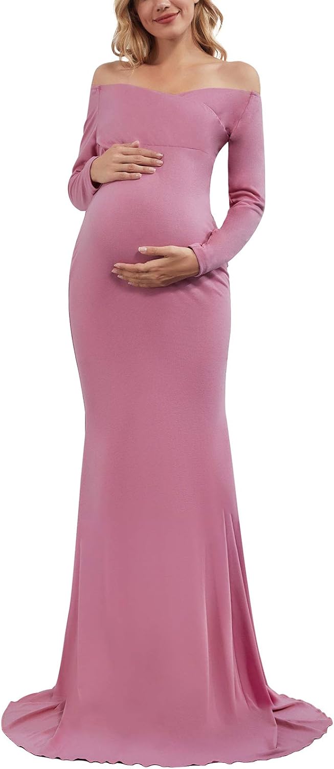 Ecavus Women's Off Shoulder Maternity Dress Slim Cross-Front V Neck Long Sleeve Gowns for Photoshoot at  Women’s Clothing store
