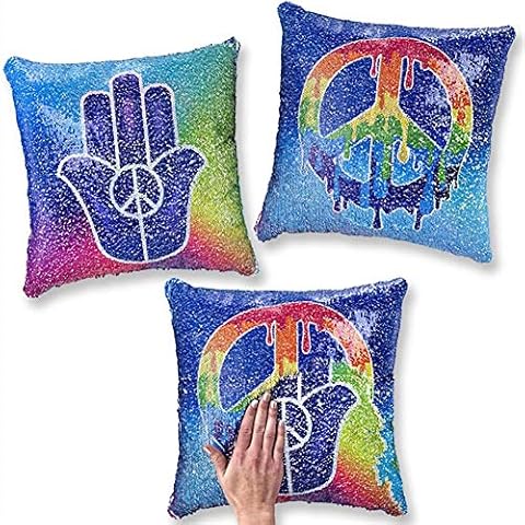 Top Trenz Reversible Sequin 14" Square Pillow, Hamsa Peace Hand/ Peace Sign Cover
