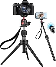JOILCAN Mini Trípode, Portable Tripode de Mesa Pequeño con Cabezal Bola Giratorio, Palo Selfie Tripode con Mando Distancia Inalámbrico, Compatible con iPhone, Samsung, Cámara Compacta, Carga hasta 3KG