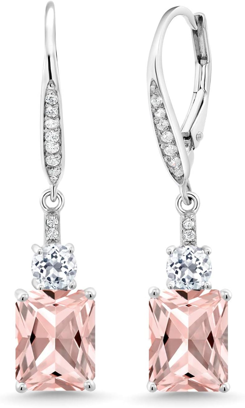 Gem Stone King Drop Dangle Gemstone Birthstone and White Topaz Earrings for Women | 925 Sterling Silver | Emerald Cut 9X7MM | Fine Jewelry Gifts for Her Mom Anniversary Wedding