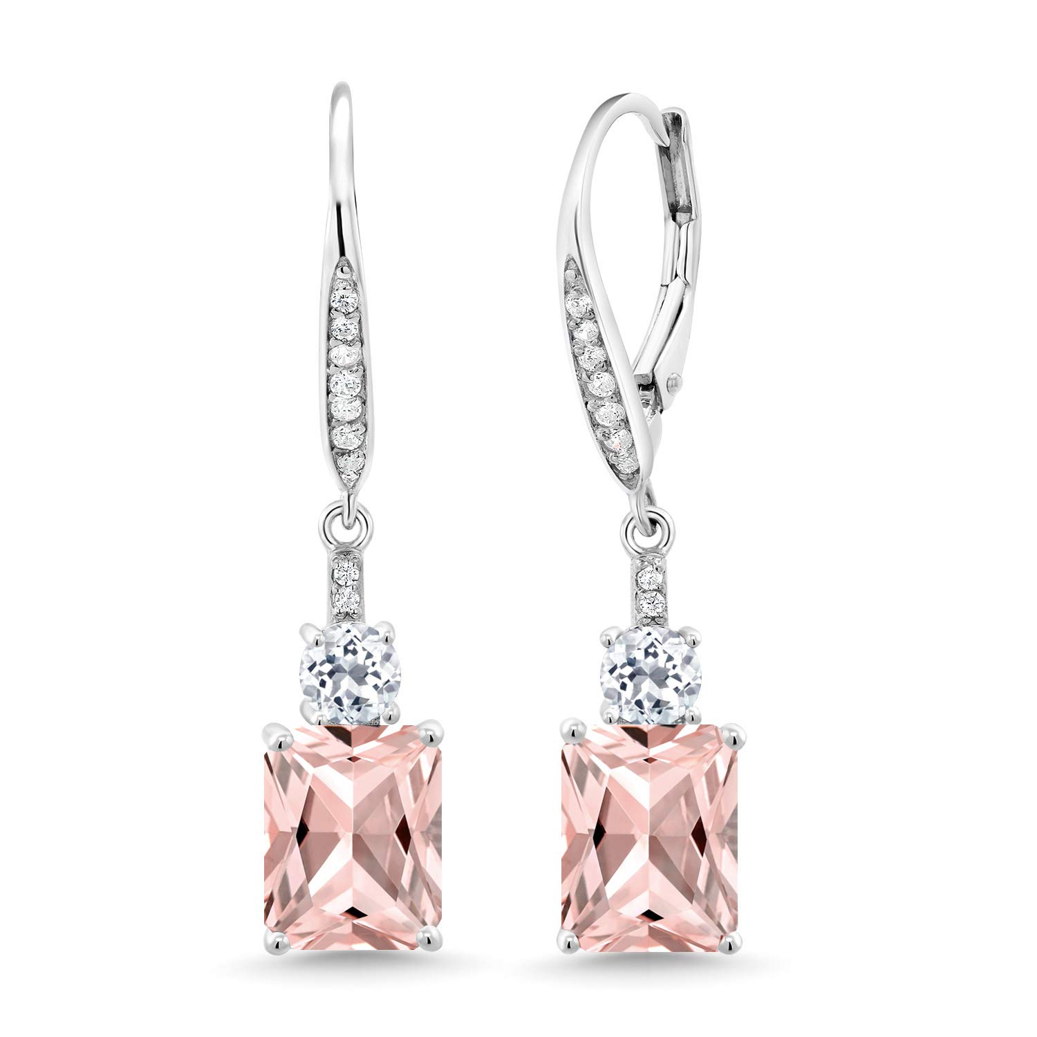 Gem Stone King Drop Dangle Gemstone Birthstone and White Topaz Earrings for Women | 925 Sterling Silver | Emerald Cut 9X7MM | Fine Jewelry Gift for Her Mom Anniversary Wedding