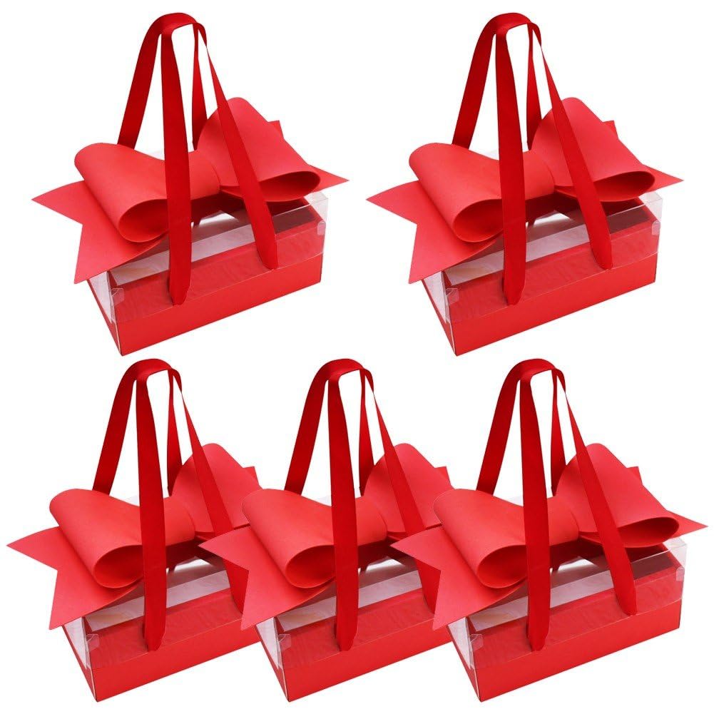 Confezione Regalo con Fiocco Grande 5 Pezzi con Manico, Scatola Regalo con Fiocco Rosso Scatola Regalo con Fiori per, Natale, Matrimonio, Compleanno, Festa, Bomboniera