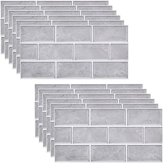12 Sheets Brick Tile Stickers, Self Adhesive Wall Tiles, Peel and Stick Wall Tiles, Waterproof Splashback Tilesfor Kitchen & Bathroom - 30x15cm (grey)