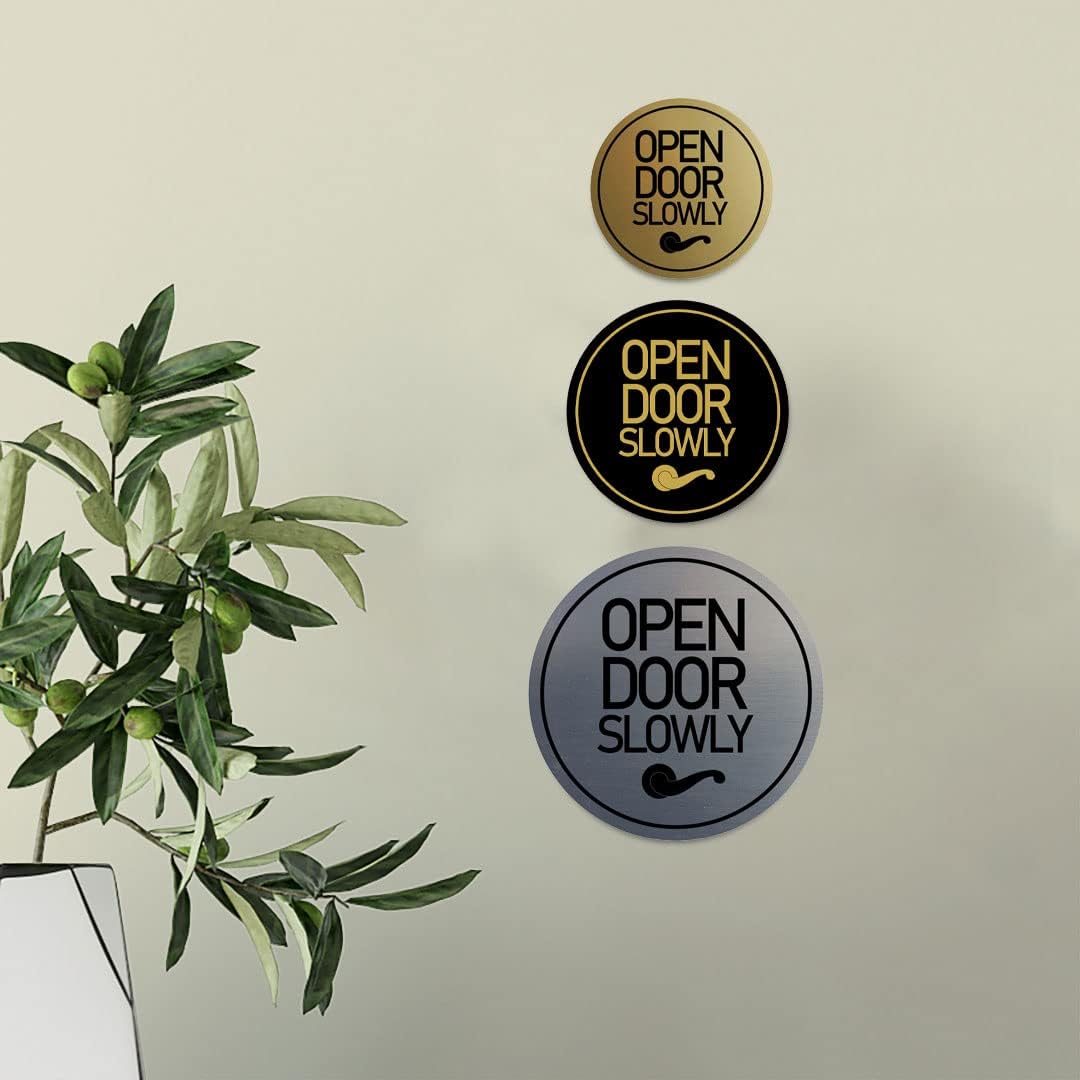 Signs ByLITA Circle Open Door Slowly Sign (Black) - Large (2 Pack)
