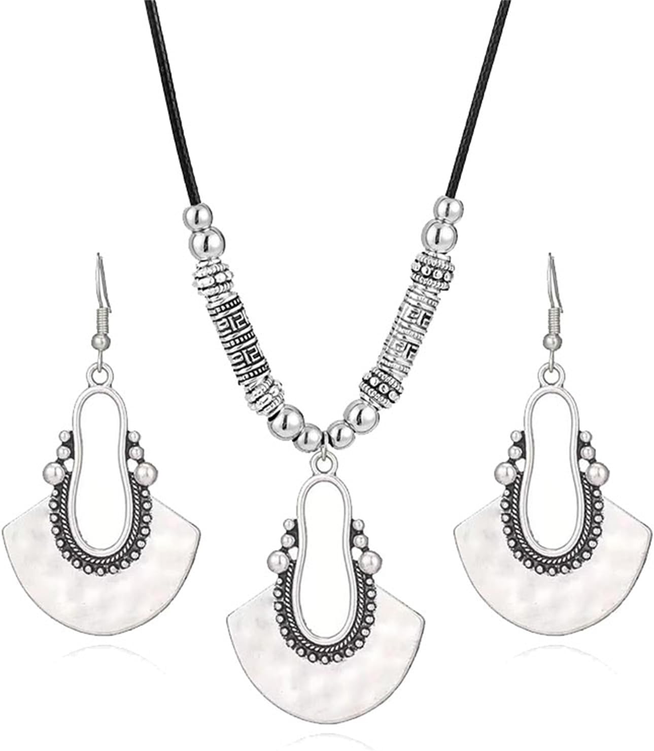 MALOYANVE Boho Fan Earrings Necklace Set for Women Vintage Ethnic Tribal Hollow Shield Geometric Jewelry with Black Cord Bohemian Gypsy Outfits Western Statement Jewelry Gifts