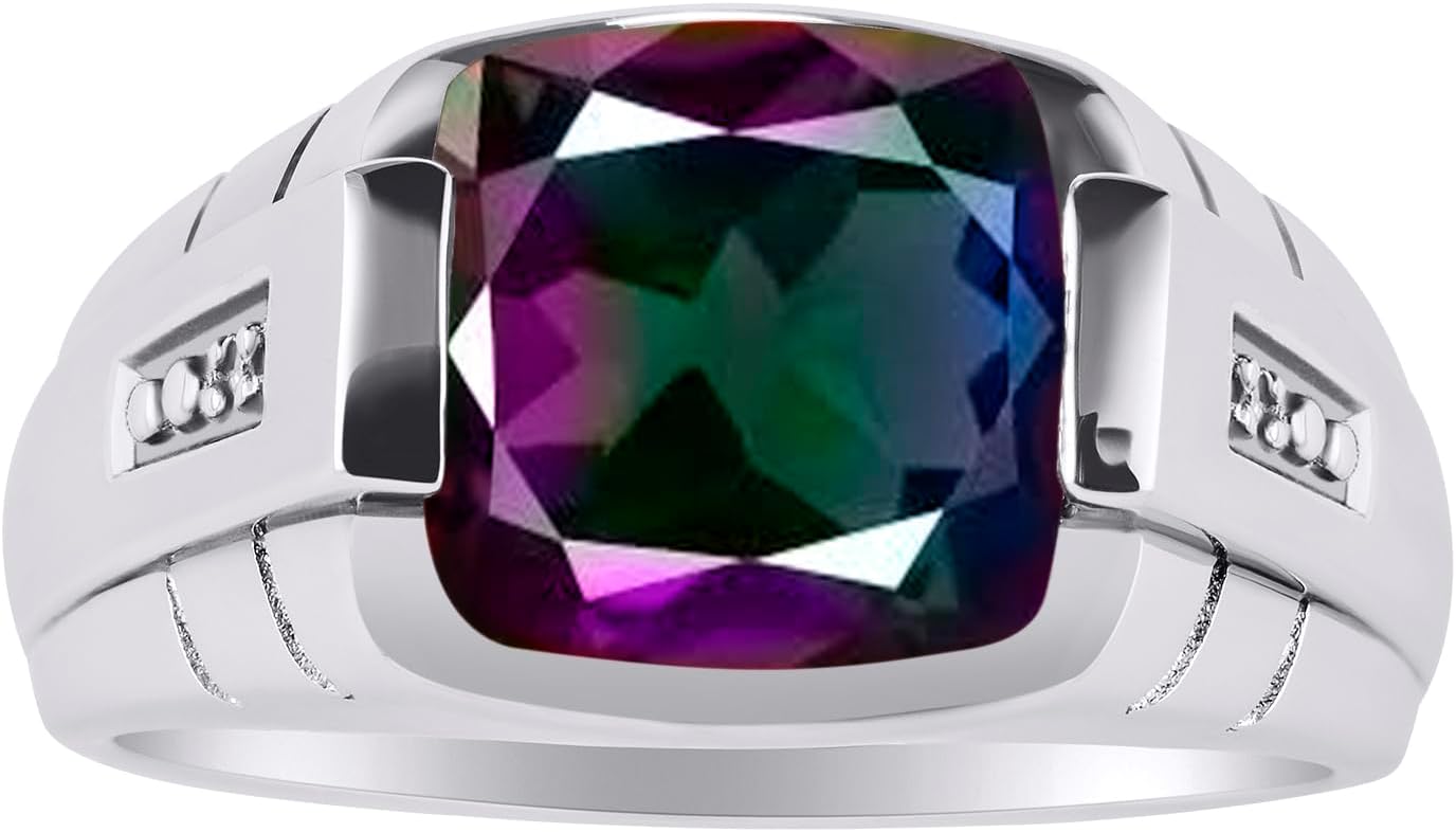 Rylos Gorgeous 12MM Cushion Shape Checker Top Gemstone Color Stone and Diamonds Set in Sterling Silver Sizes 8-13