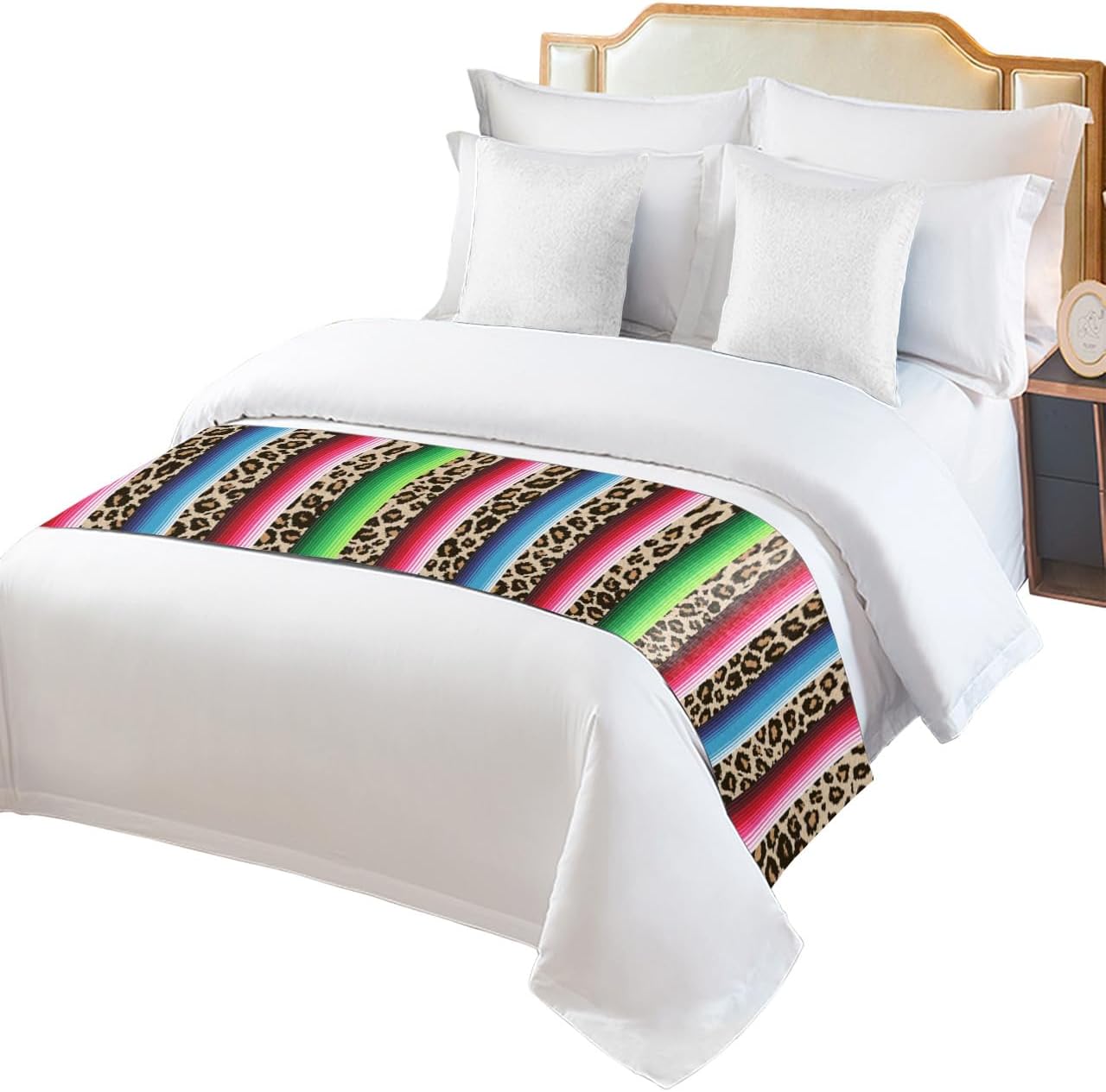 Bed Runners & Scarves, Mexican Colored Stripes Animal Skin Texture Leopard Print Bed Runner, Bed Scarf Protector Decorative Accent Bedding Scarf for Hotels Homes and Guestrooms, 71 x 20 inches