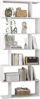 HOMEFORT Wooden Geometric Bookshelf,6-Tier S-Shaped Bookcase,6 Shelf Morden Bookshelves,Unique Freestanding Tall Book Shelf and Book Case for Bedroom and Living Room Home Office,White