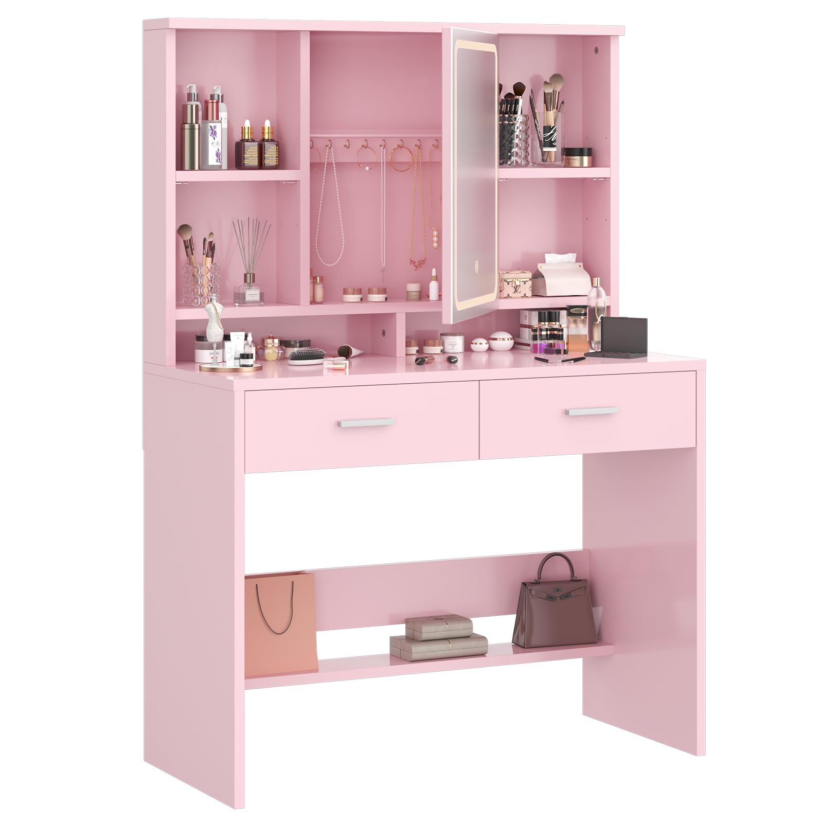 Airfish Makeup Vanity with 3 Colors LED Lights Adjustable Brightness, Makeup Table with Jewelry Space, Adjustable Shelves, 2 Drawers, Modern Style (Pink)