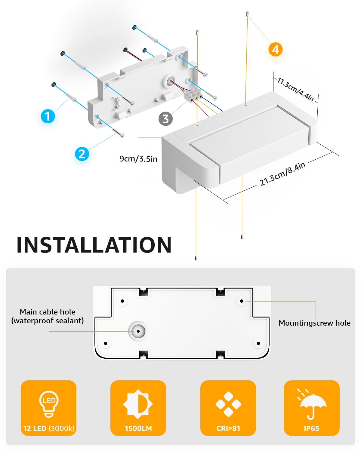 Aipsun 24W LED applique da esterno per interni, Bianco,3000K