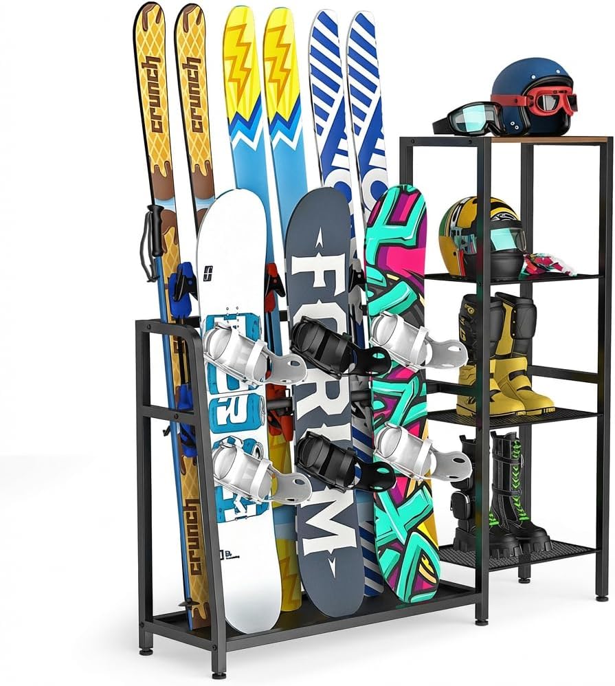 Freestanding Snowboard Rack - Ski Holders for 4 Pairs of Skis, 3 Pack Snowboard, Boot, Pole, Goggles, Helmet and More, Heavy Duty Steel Floor Stand Ski Organizer for Garage, Shed, Basement