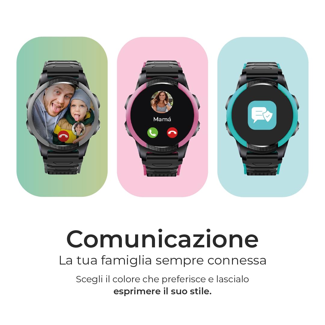 SaveFamily SLIM 4G - Smartwatch per bambini con videochiamata, chiamata, chat, pulsante SOS, cronometro e pedometro. Impermeabilità IP67. Design moderno e discreto