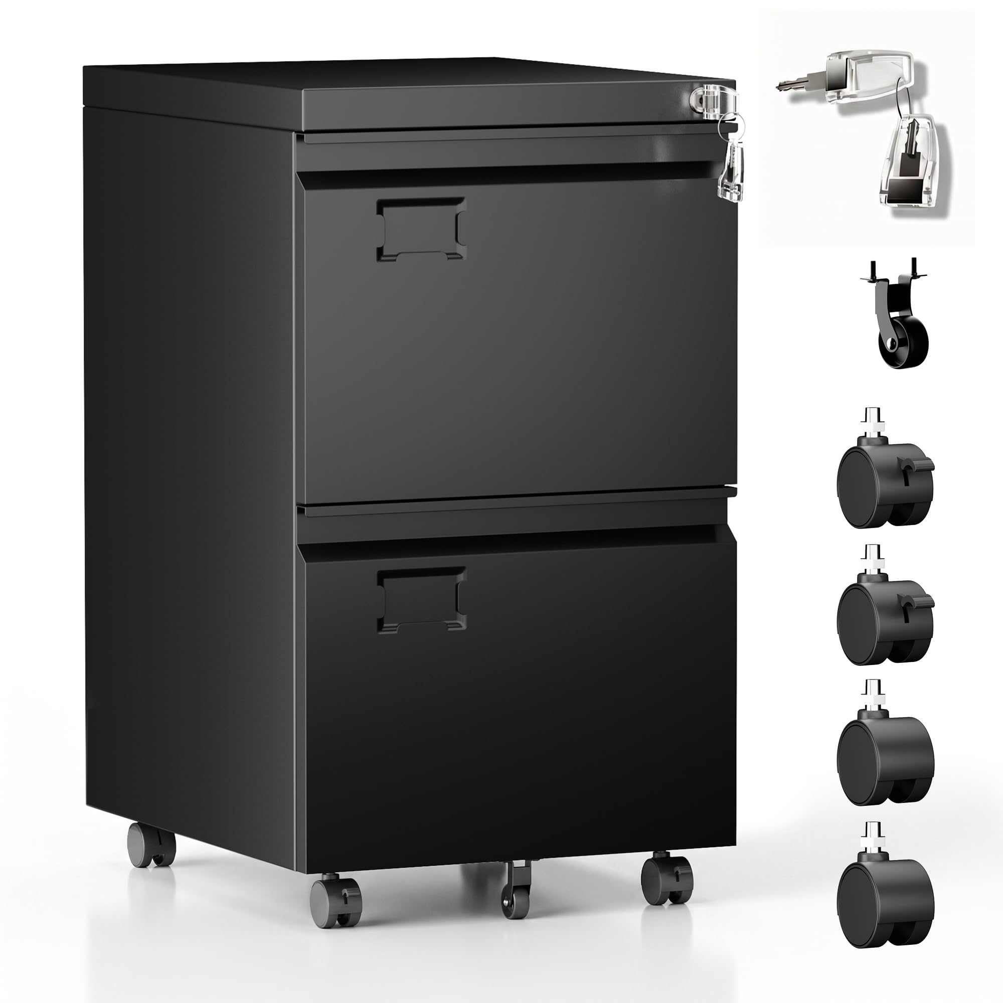 Aobabo 2 Drawer Rolling Metal File Cabinet with Lock, 5 Wheels, Black