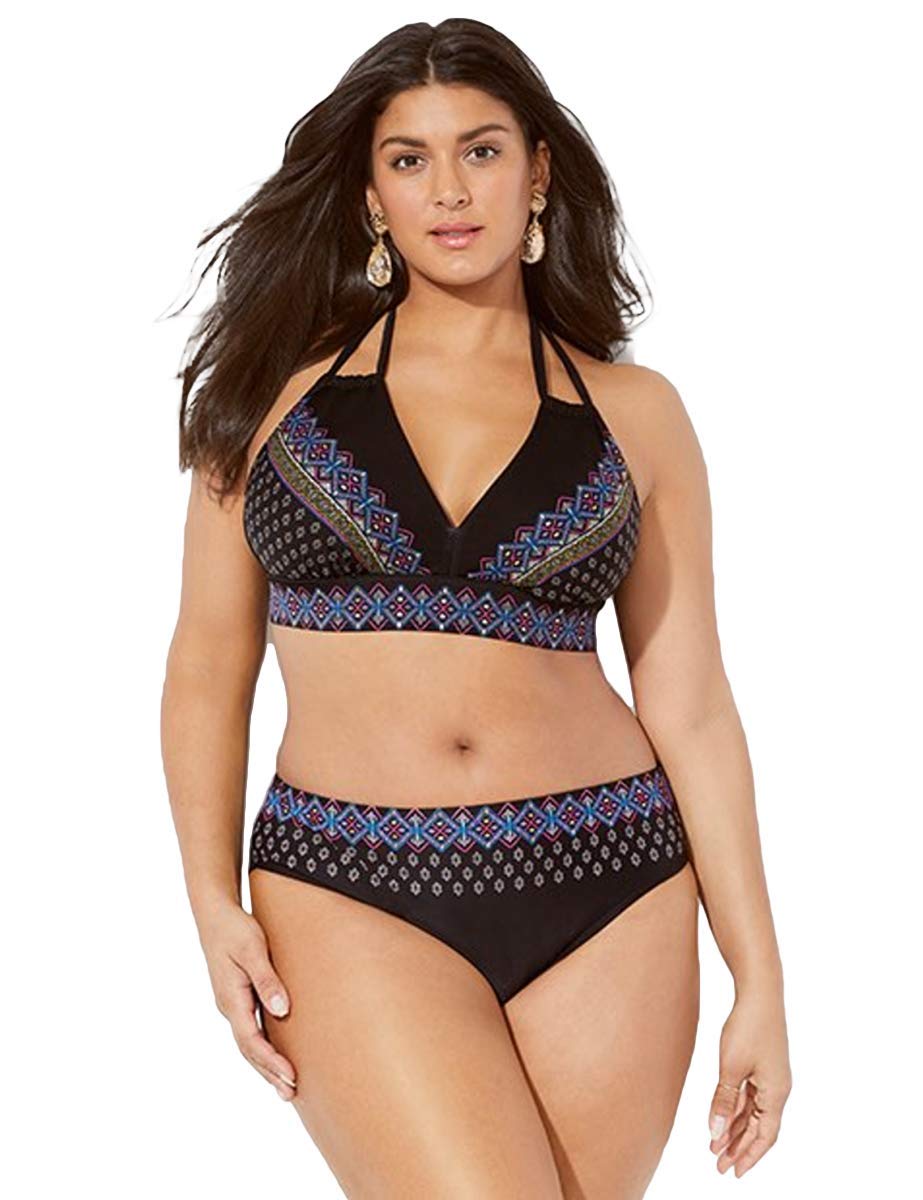 chuangminghangqi Bikini acolchado de cintura alta, tallas grandes, traje de baño de dos piezas, estampado y bordado, para natación y playa