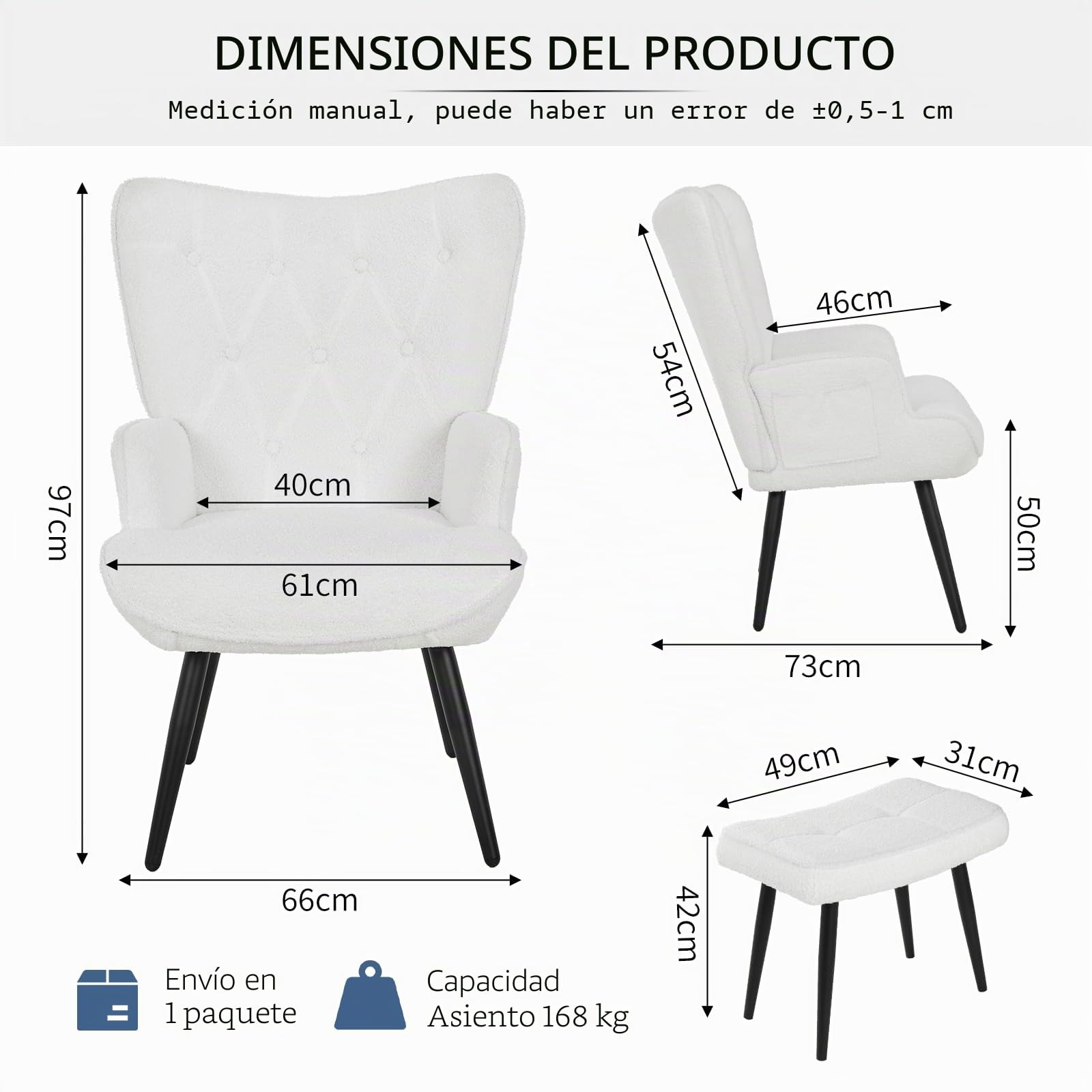 Clevich Sillón Orejero con Reposapiés, Blanco Poltrona Sala Teddy Suave – Butaca de Salón para Lectura, Sillon Dormitorio, hasta 168 kg