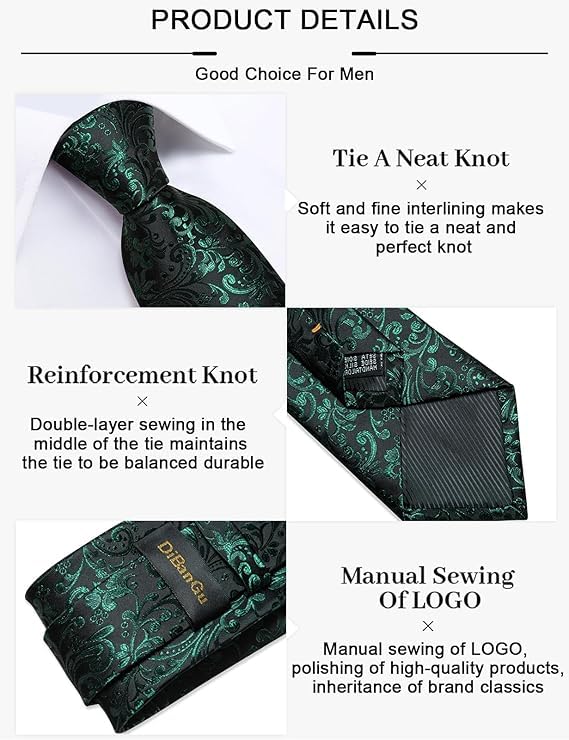 Image of DiBanGu Silk Floral Ties for Men Woven Paisley Necktie and Tie Clip Handkerchief Cufflinks Set for Party Wedding