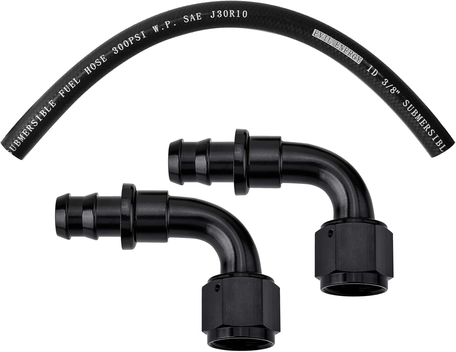 EVIL ENERGY 3/8" Submersible Fuel Hose Line SAE 30R10 1FT 300PSI Bundle with 6AN 90 Degree Push Lock Fitting 2PCS