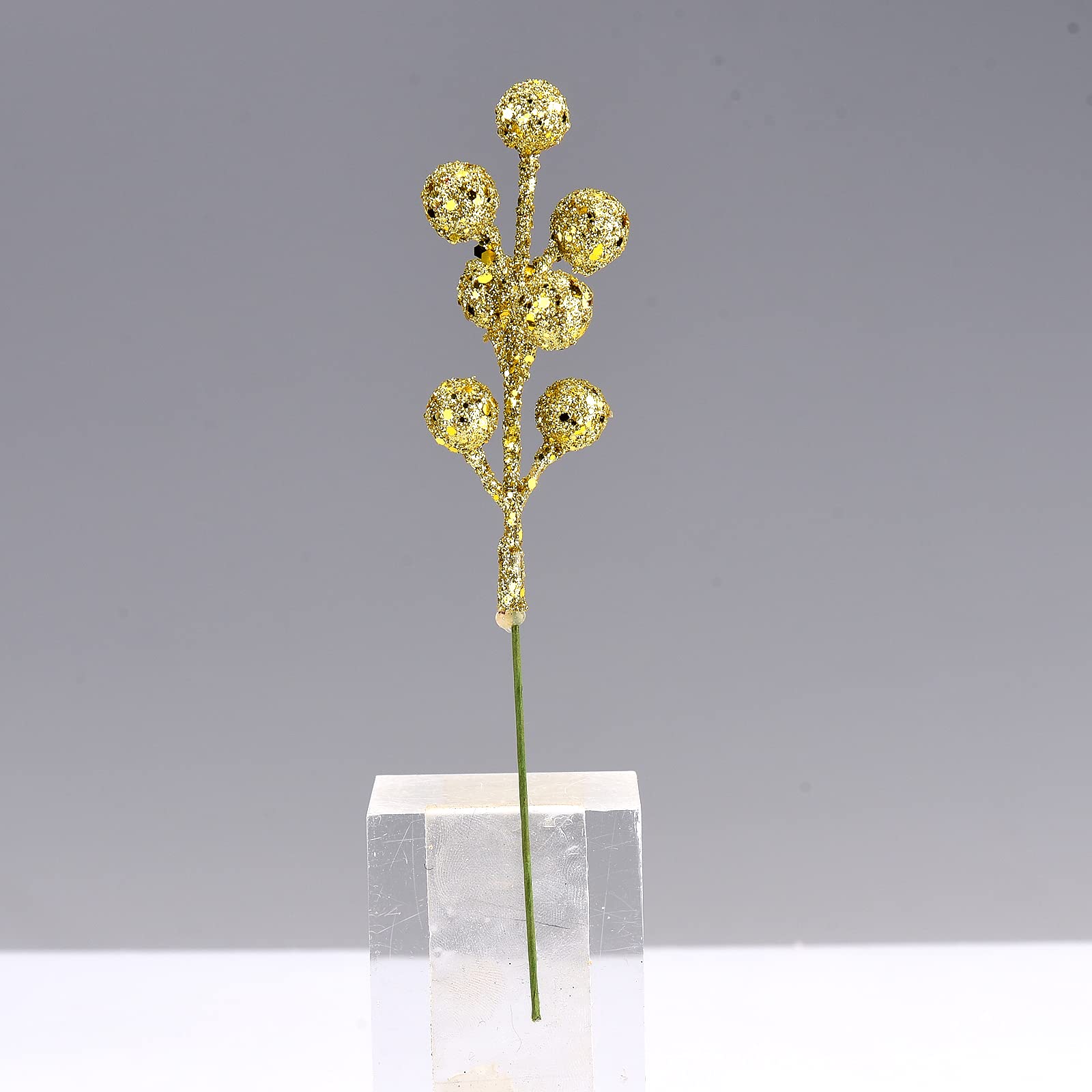 KHBNHJ Christmas Glitter Berries Stems 12Pcs Artificial Gold Berry Picks for Christmas Tree Ornaments Decorations DIY Xmas Wreath Crafts Wedding Holiday Home Decor, (6.7in, Golden)