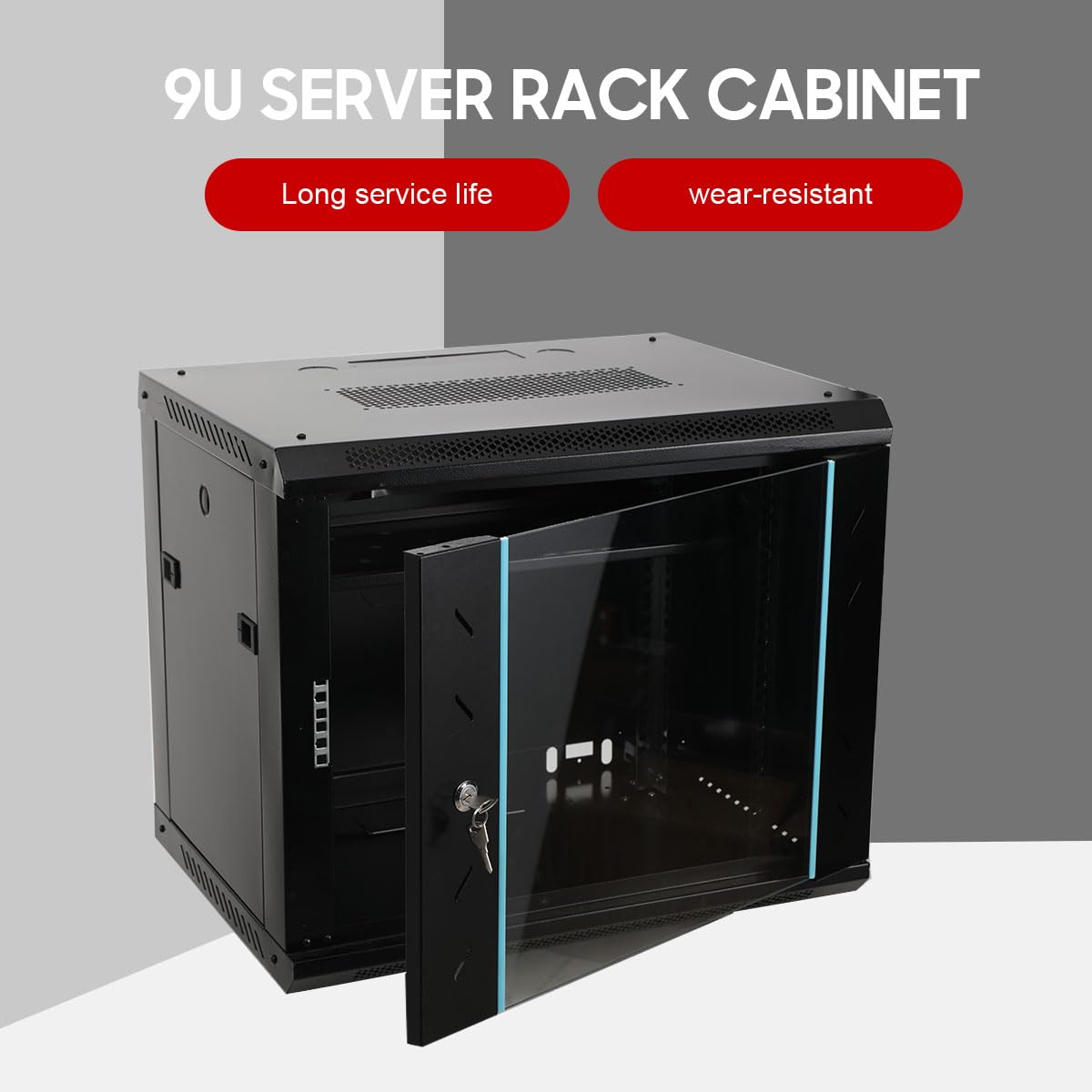 19 Zoll 9HE Netzwerk-Server-Schrank, 600x450x500mm Netzwerkschrank Glastür | 60kg Tragfähigkeit Boden/Wandmontage, für Heimnetzwerk und IT-Geräte