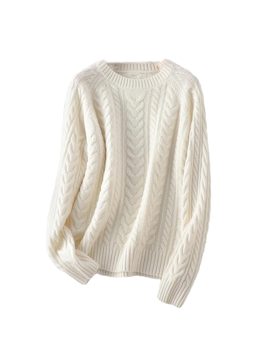 Autumn and Winter Wool Round Neck Pullover Womens Loose Cable Sweater Soft Warm Top