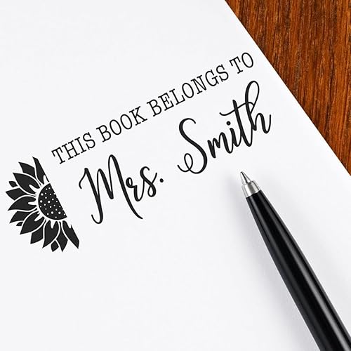 Sello de libro de girasol autoentintado, sello de biblioteca personalizado, disponible en 11 colores de tinta, tamaño 3/4 pulgadas x 2-1/4 pulgadas